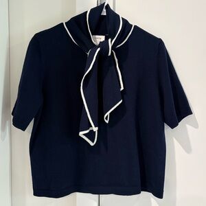 Tie-Collar Short Sleeve Navy Sweater with White Trim (Size S)